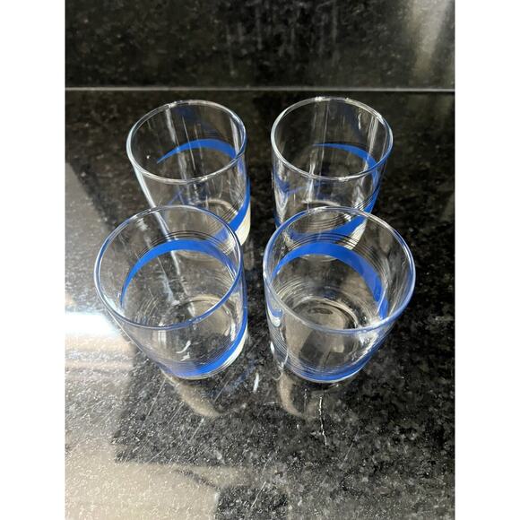 Libby MCM Glasses Juice Cups Blue Black line Swirl Set of 4 Vintage - Picture 2 of 9
